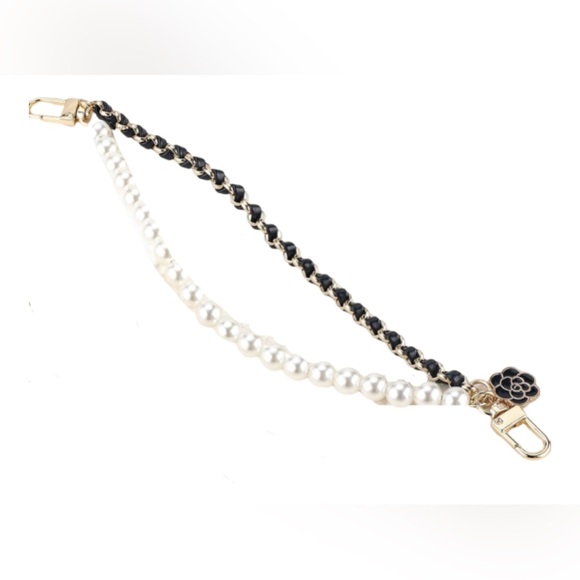 Purse Chain Charm Black Pink Leather Gold Chain Pearls Camellia Flower Unbranded - Picture 5 of 12